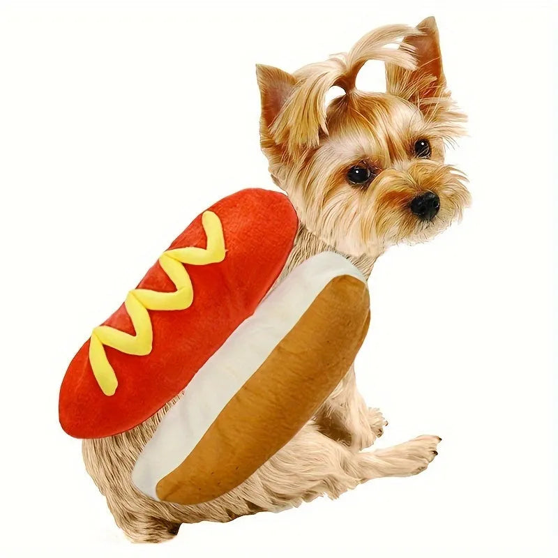 Red and yellow hot dog costume for small dog on white background