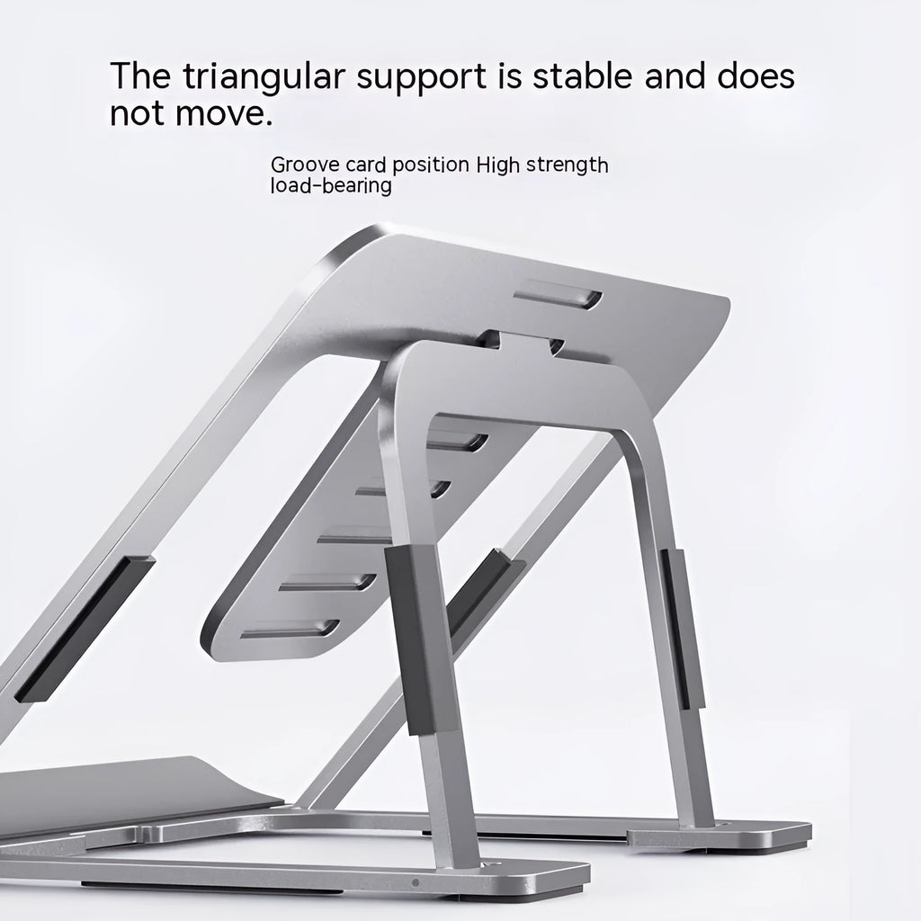 Foldable aluminium alloy tablet and phone holder in dark gray on a desk