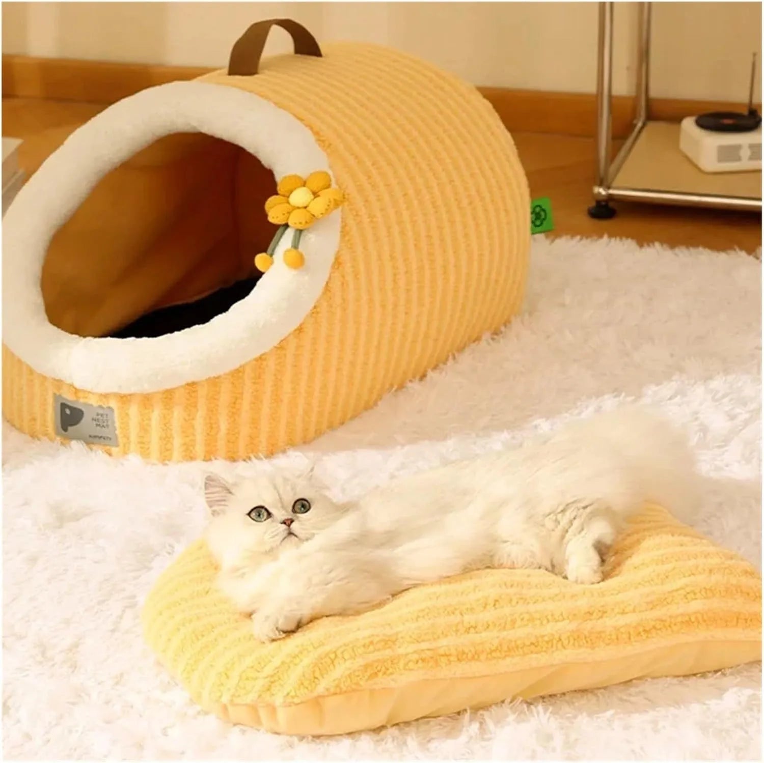 Blue cat cave bed with cushion, suitable for indoor cats and small pets like chihuahuas