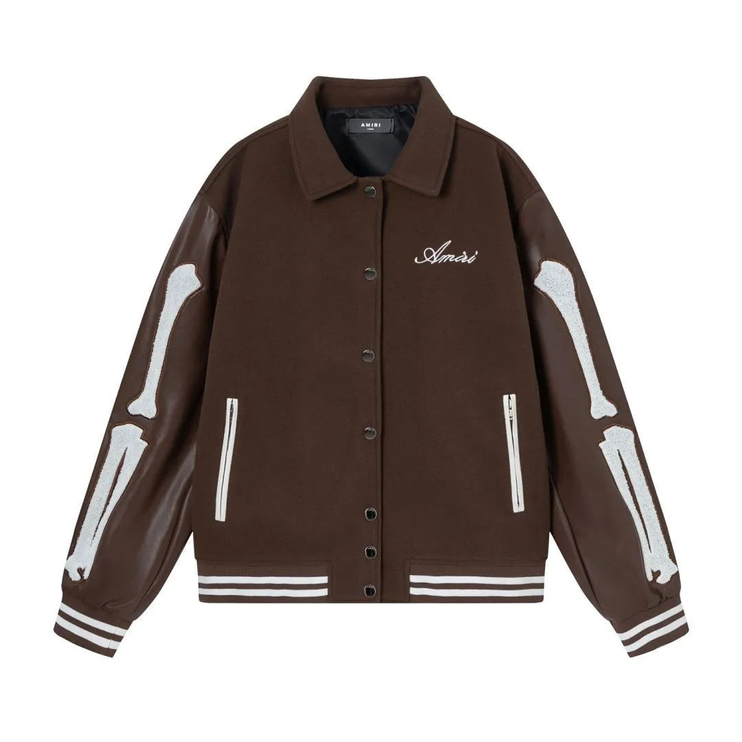 Apricot and brown women's wool jacket with bone embroidery sticker details on the front.