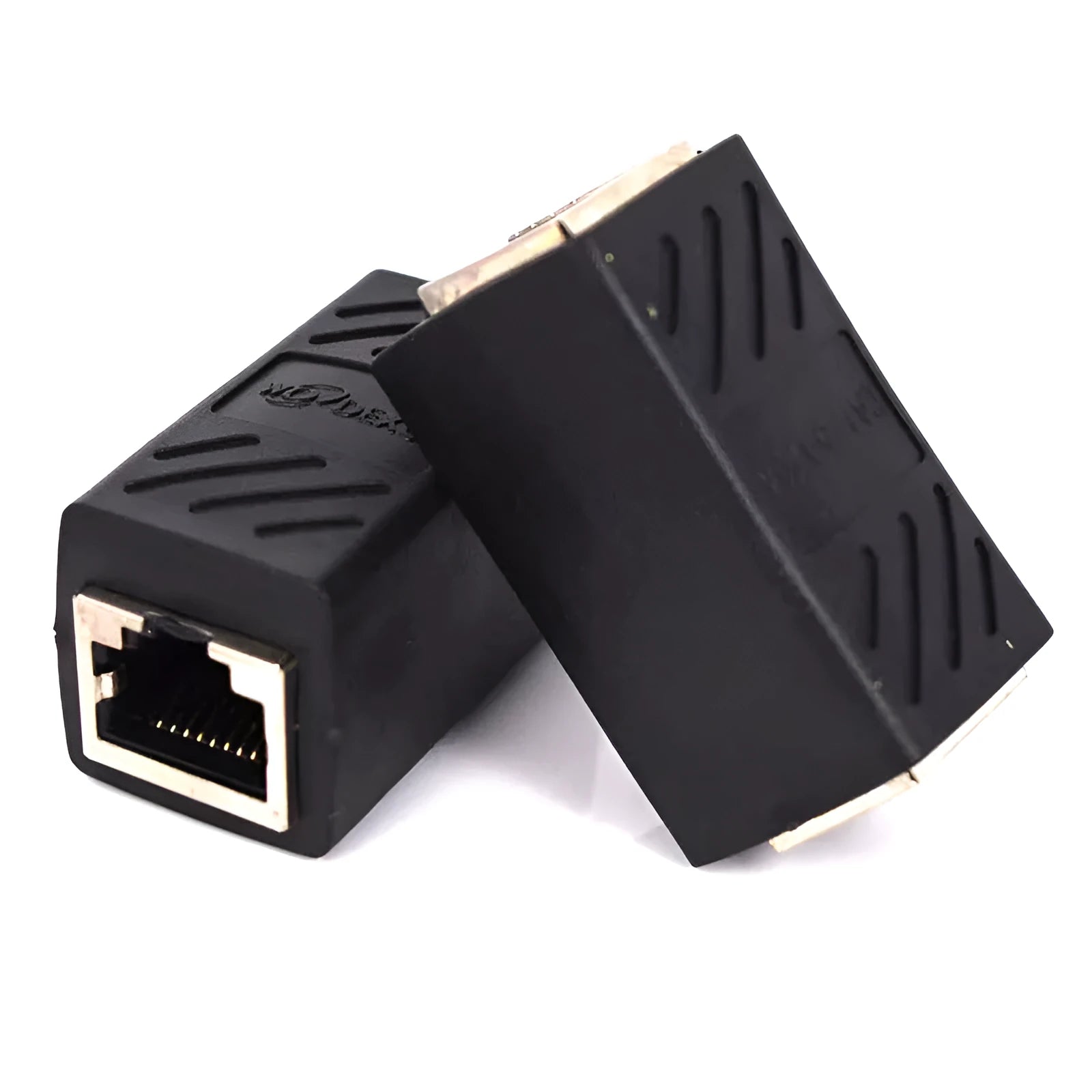 Black RJ45 network cable extender adapter with male and female connectors for joining Ethernet cables