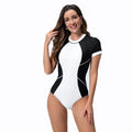 Black and white short-sleeved one-piece swimsuit with back zipper for women