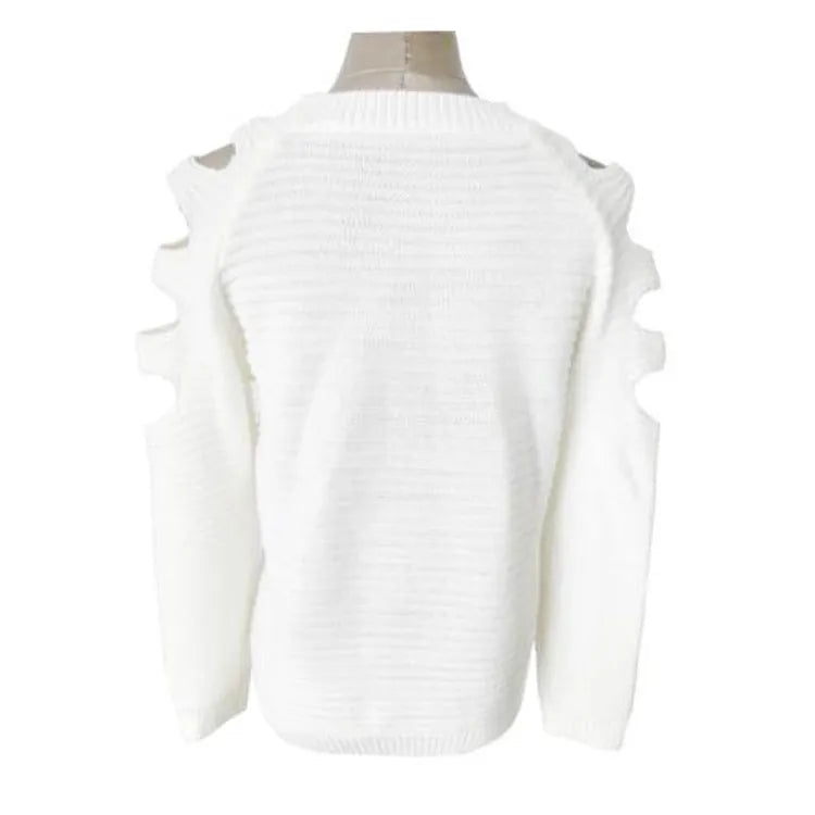 Women's white knitted shirt with hollow-out crochet patterns and round neck