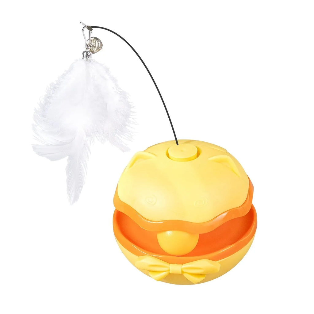 Electric cat toy with a grey tumbler base and a upright, bending wand for interactive play.