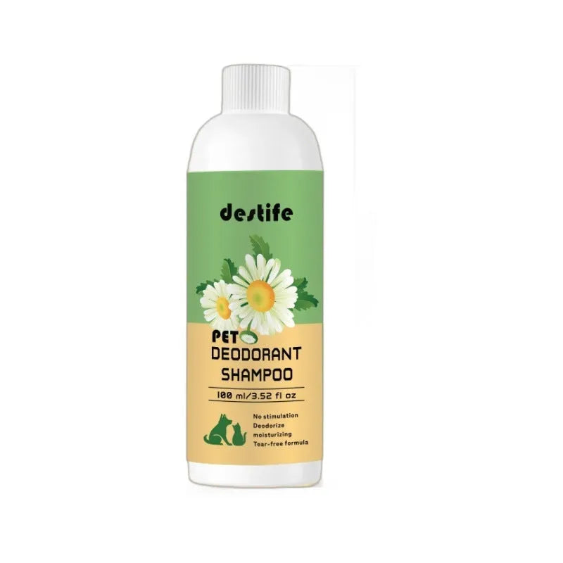 100ml bottle of pet shampoo and shower gel for dogs and cats with fragrance and deodorising formula