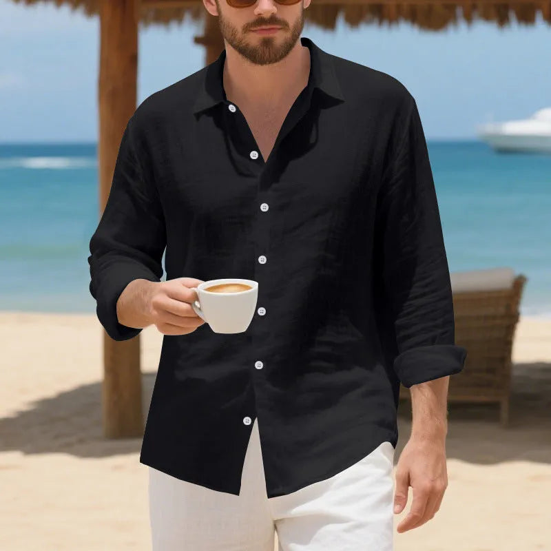 Man wearing a loose-fit light blue linen casual shirt with non-iron finish, showing relaxed American style.