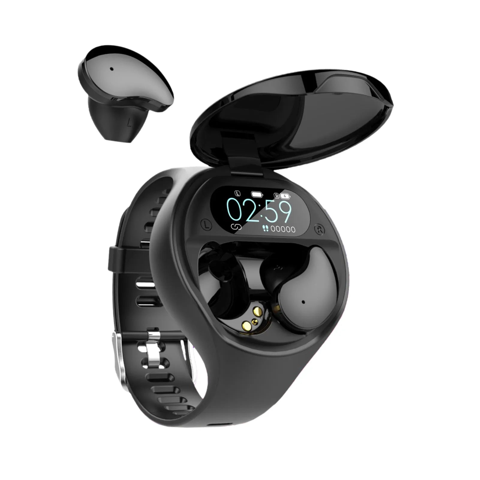 Black detachable smart bracelet and Bluetooth headset combo on a wrist