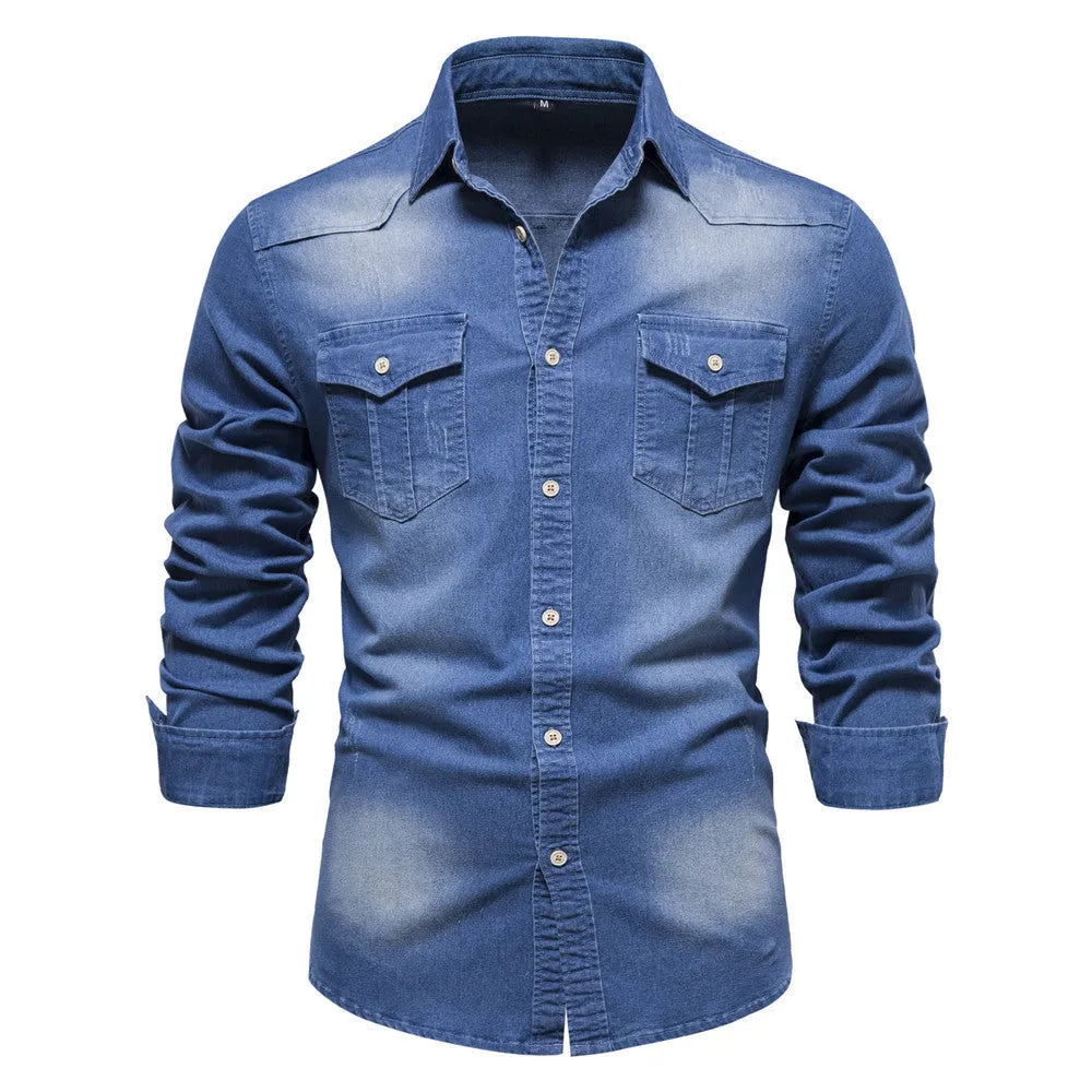 Men's slim fit cotton denim shirt in solid colours with button front and long sleeves