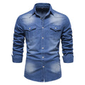 Men's slim fit cotton denim shirt in solid colours with button front and long sleeves