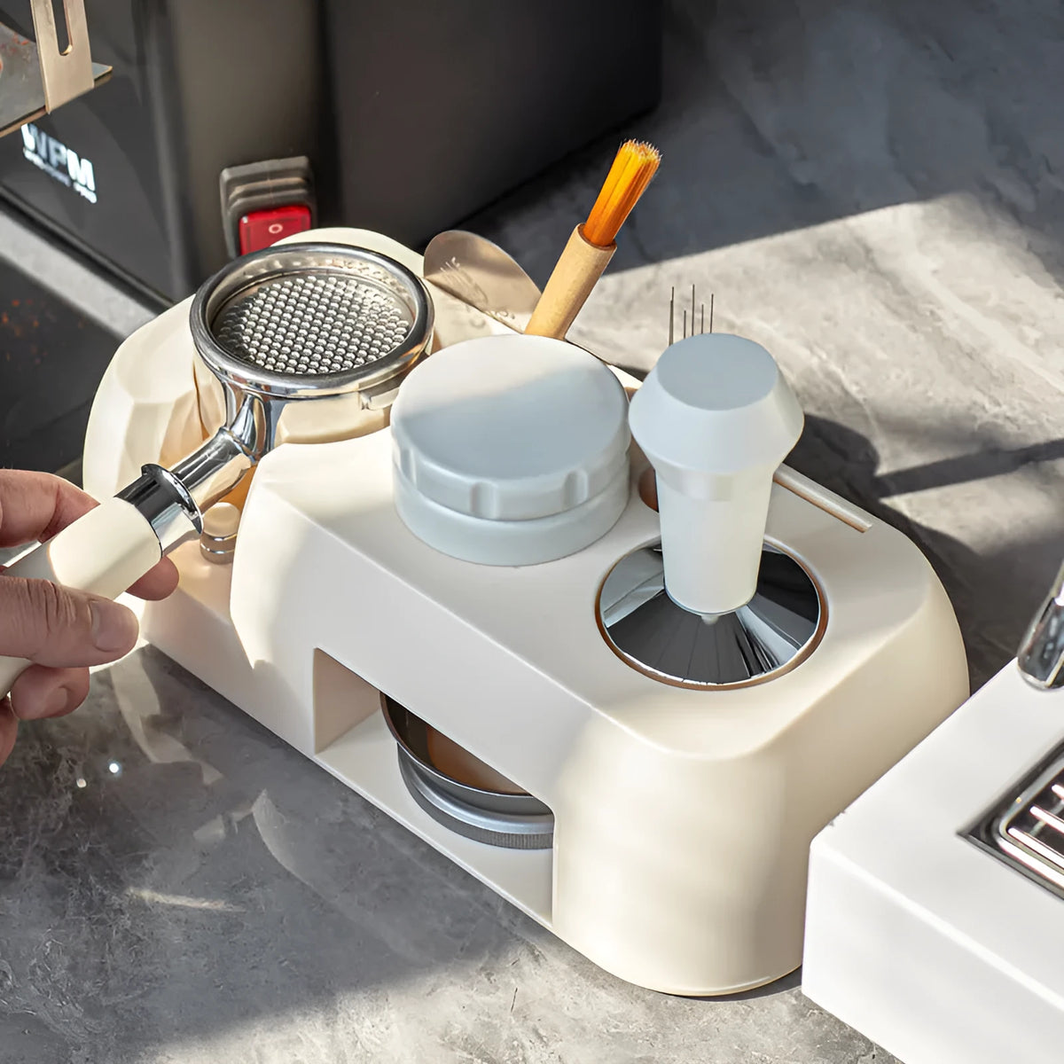 ABS coffee press holder in Sand Beige with universal 51-58mm fit for coffee baskets