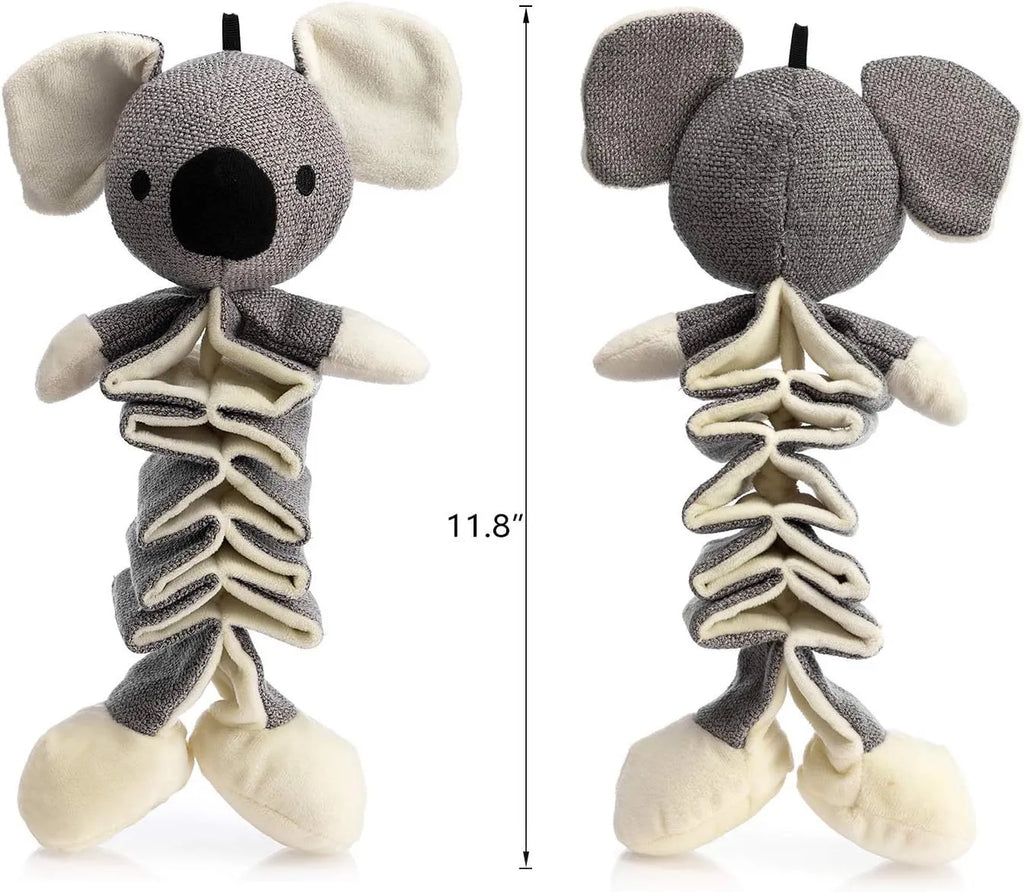Hollypet grey koala plush dog toy measuring 30cm with squeaker and crinkle paper.