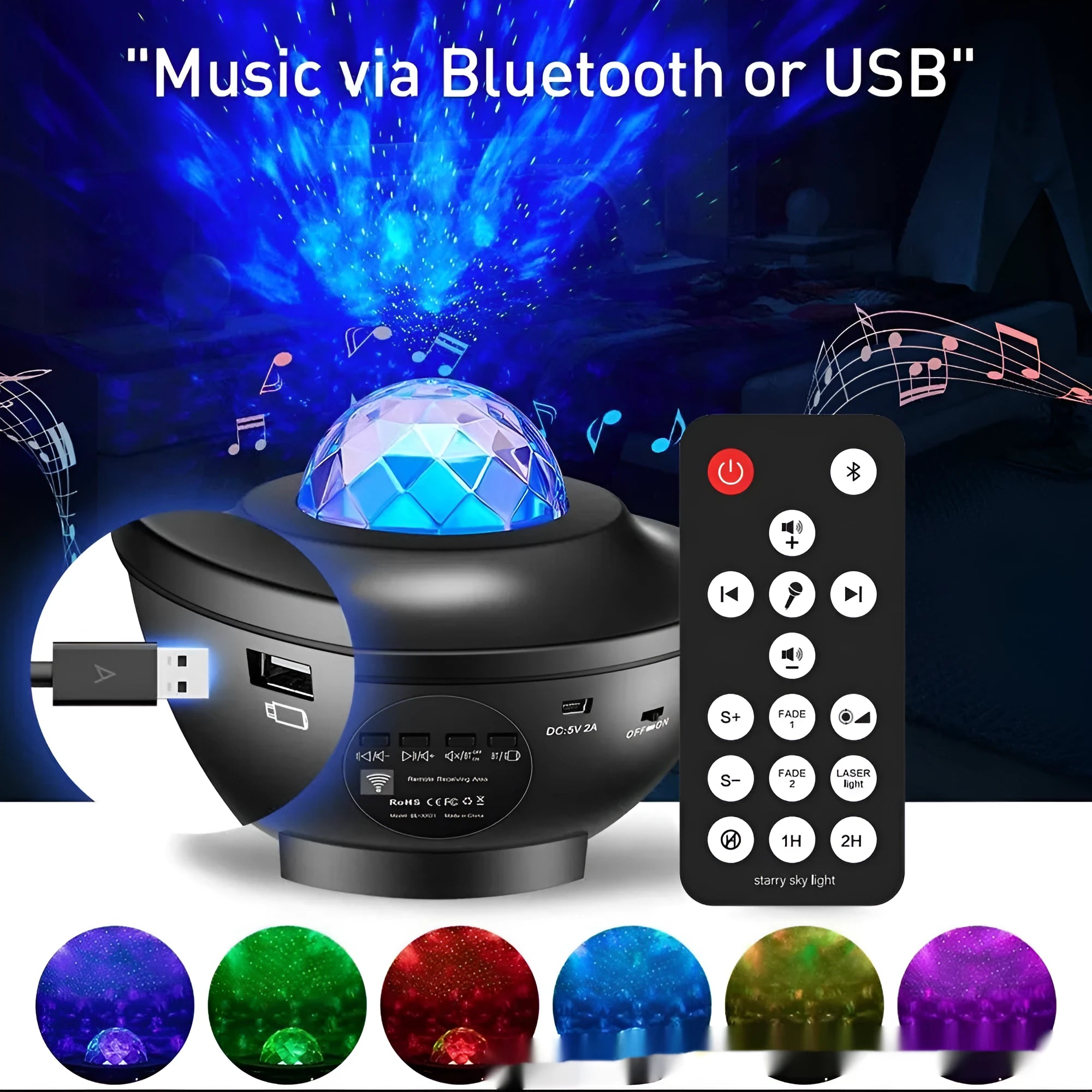 Black parallel style Bluetooth starry sky projection lamp with remote control on a desktop.