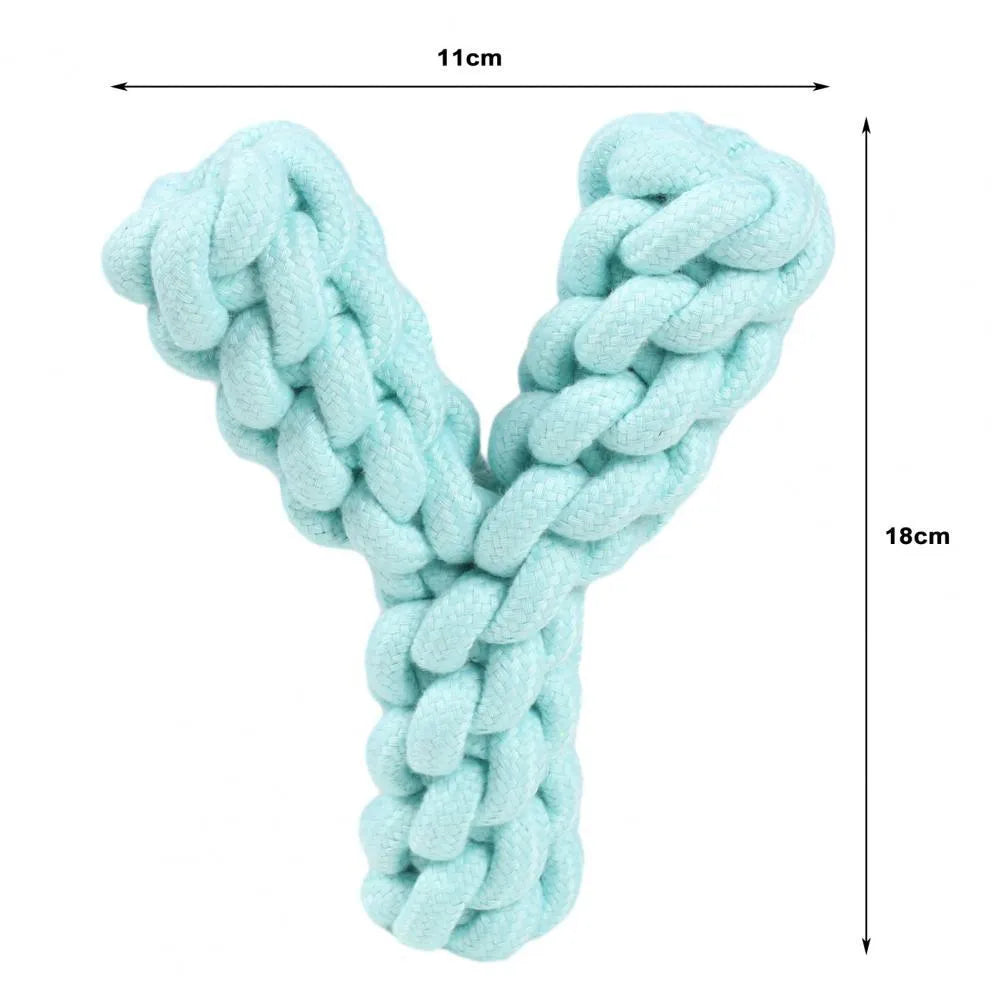 Blue Y-shaped cotton rope dog chew toy for large breeds on a wooden floor.