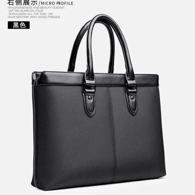 Men's PU briefcase file bag with Oxford fabric lining, thread-cut detail, in high-end black or blue