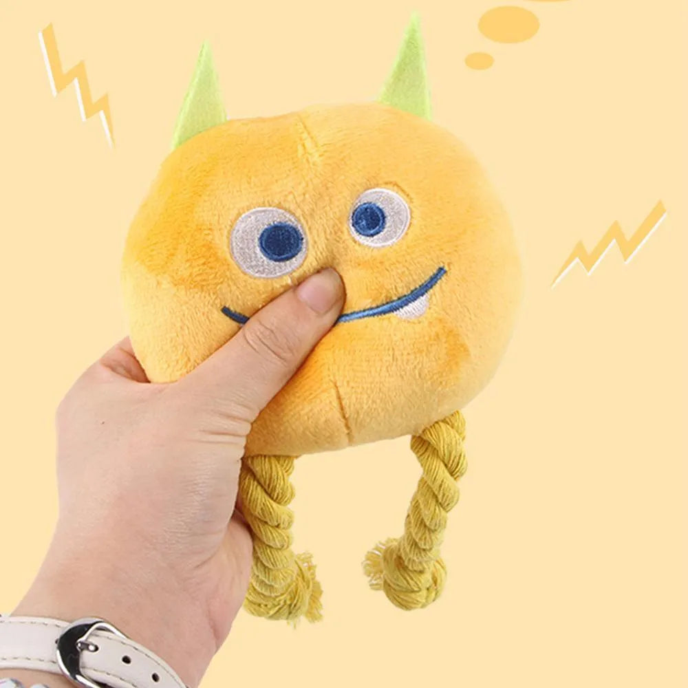 Yellow and blue dog squeaky toy with knot rope design for chewing and dental cleaning