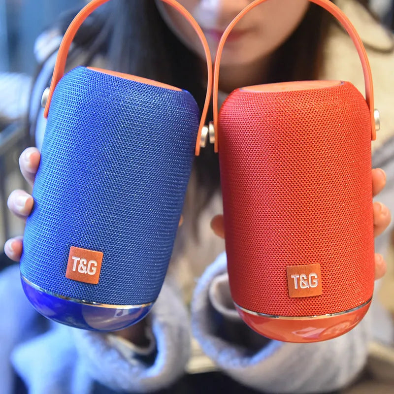 TG107 fabric portable Bluetooth speaker in blue with USB power, 10W output, and card insertion function
