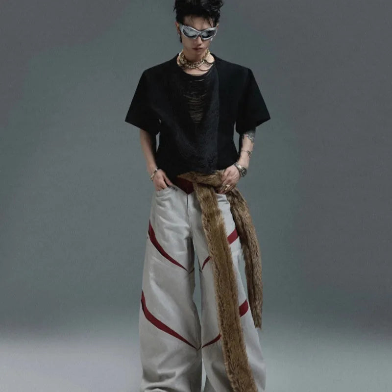 Men's black V-neck T-shirt with hollow out pattern and tassel detail