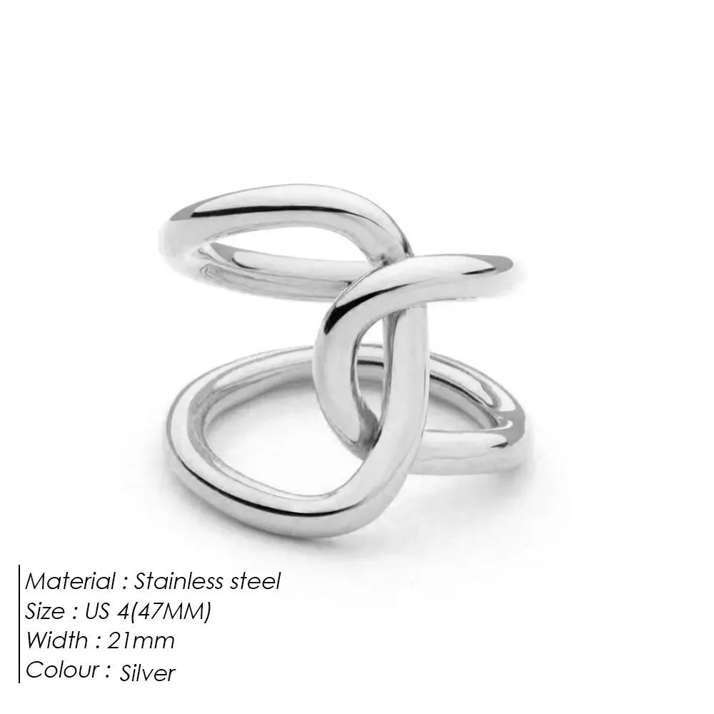 Geometric U-shaped adjustable ring for women with a knotted detail, shown in stainless steel gold tone finish.