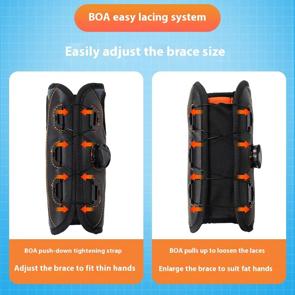 Black adjustable athletic wristguard with rotating pressure system on a flat surface