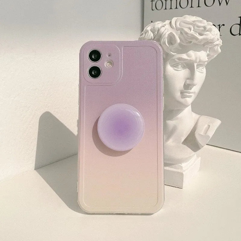 Yellow and purple gradient silicone iPhone case with extended X bracket stand.