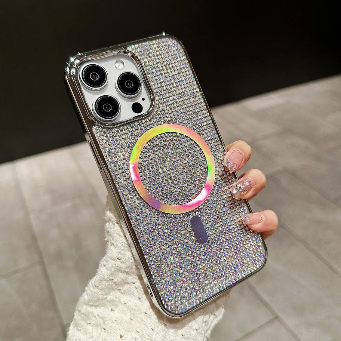 Rhinestone electroplated TPU phone case for iPhone 15 Pro Max in diamond magnetic suction black