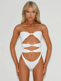 Women's nylon one-piece swimsuit with a hollow-out design detail, shown in available colours.