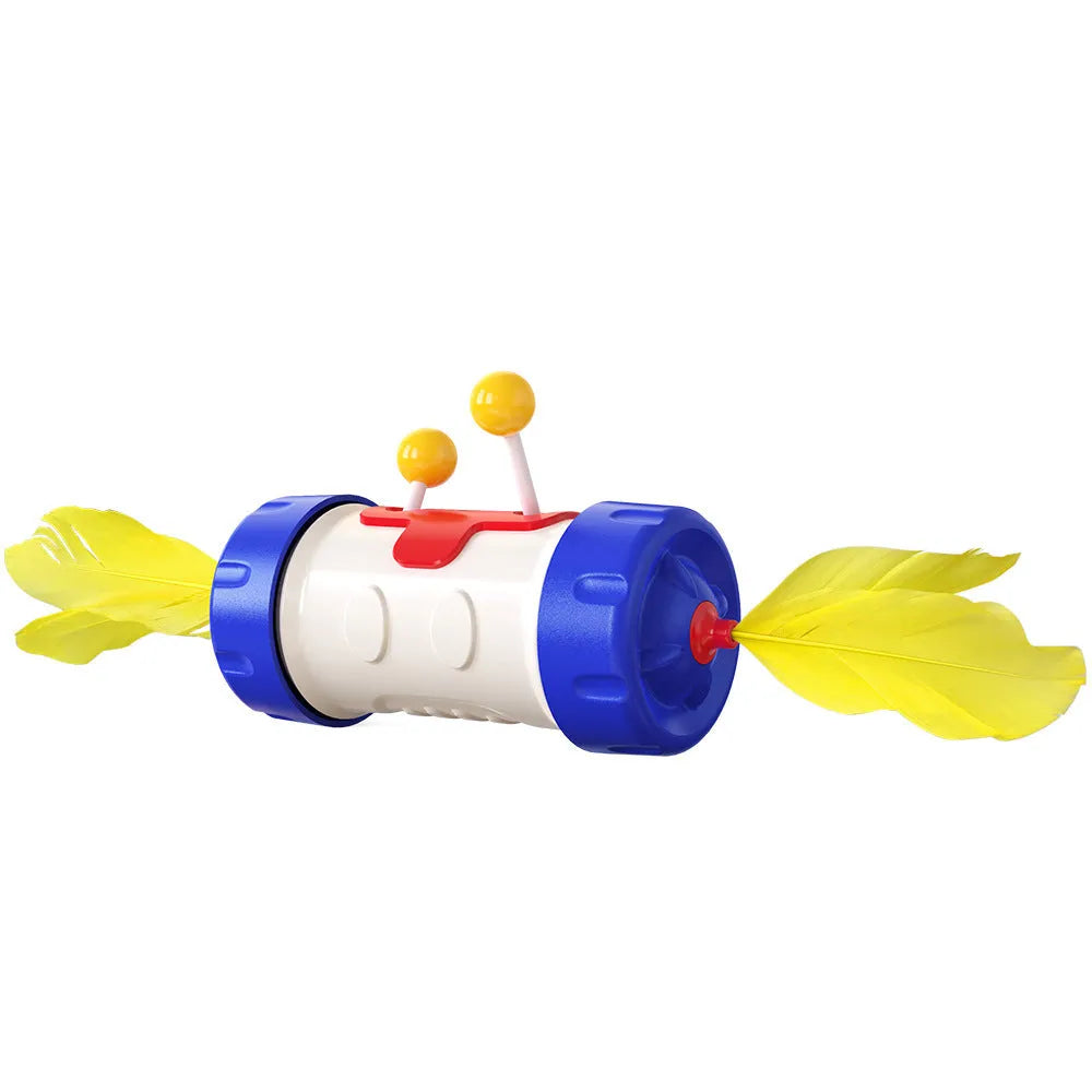 Cat toy stick pole with colourful tumbler feather ball dangling from nylon string