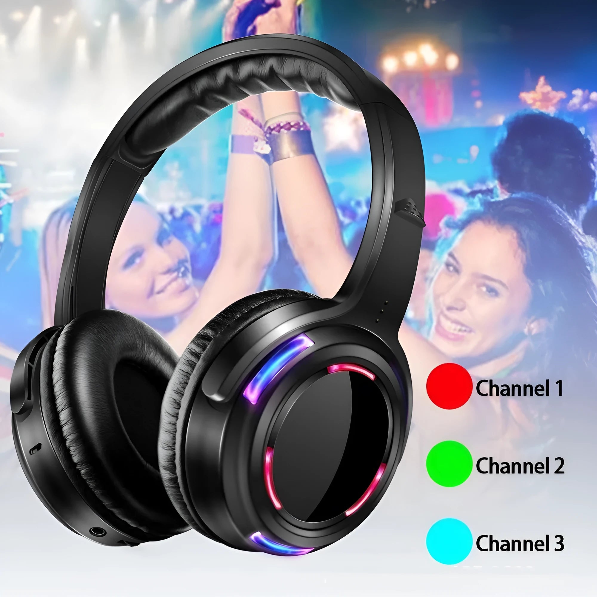 Black wireless silent disco headphones with over-ear design and a 3m cable.