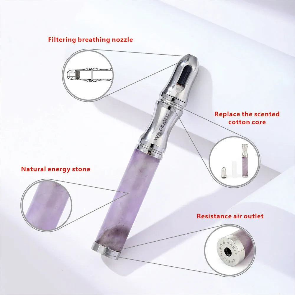 Natural crystal stone double-layer flat mouth respirator pendant necklace for anxiety relief – amethyst colour with gift box and replacement core