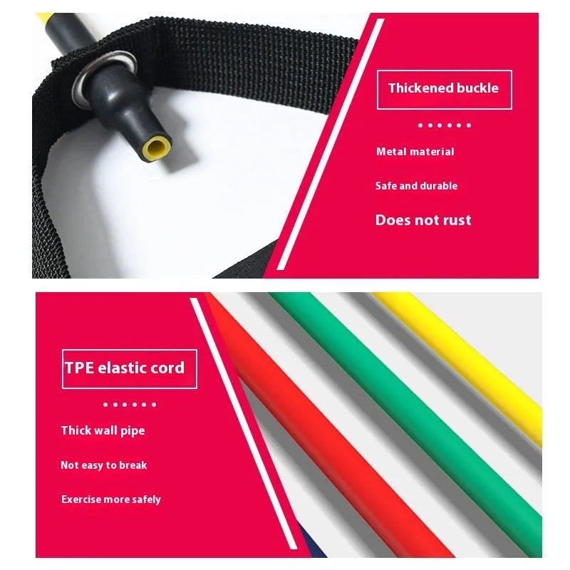 Yellow, green, red, blue, and black TPE chest expander with adjustable resistance levels.