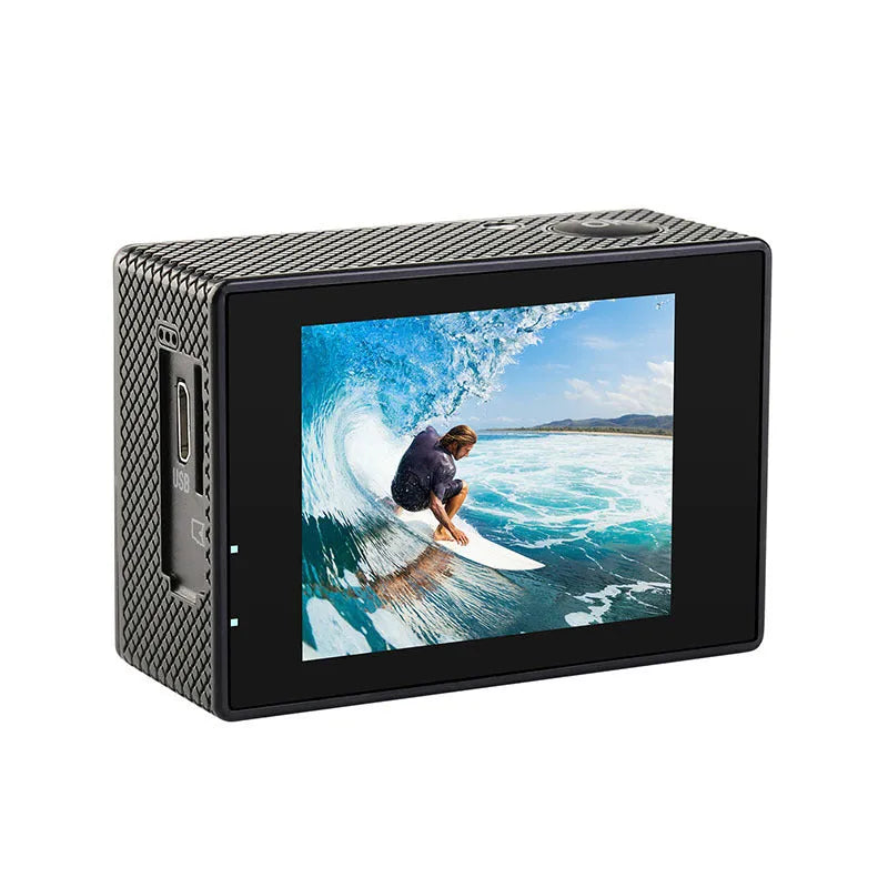 4K 30FPS waterproof action camera with 2 inch LCD screen and ABS body in outdoor setting
