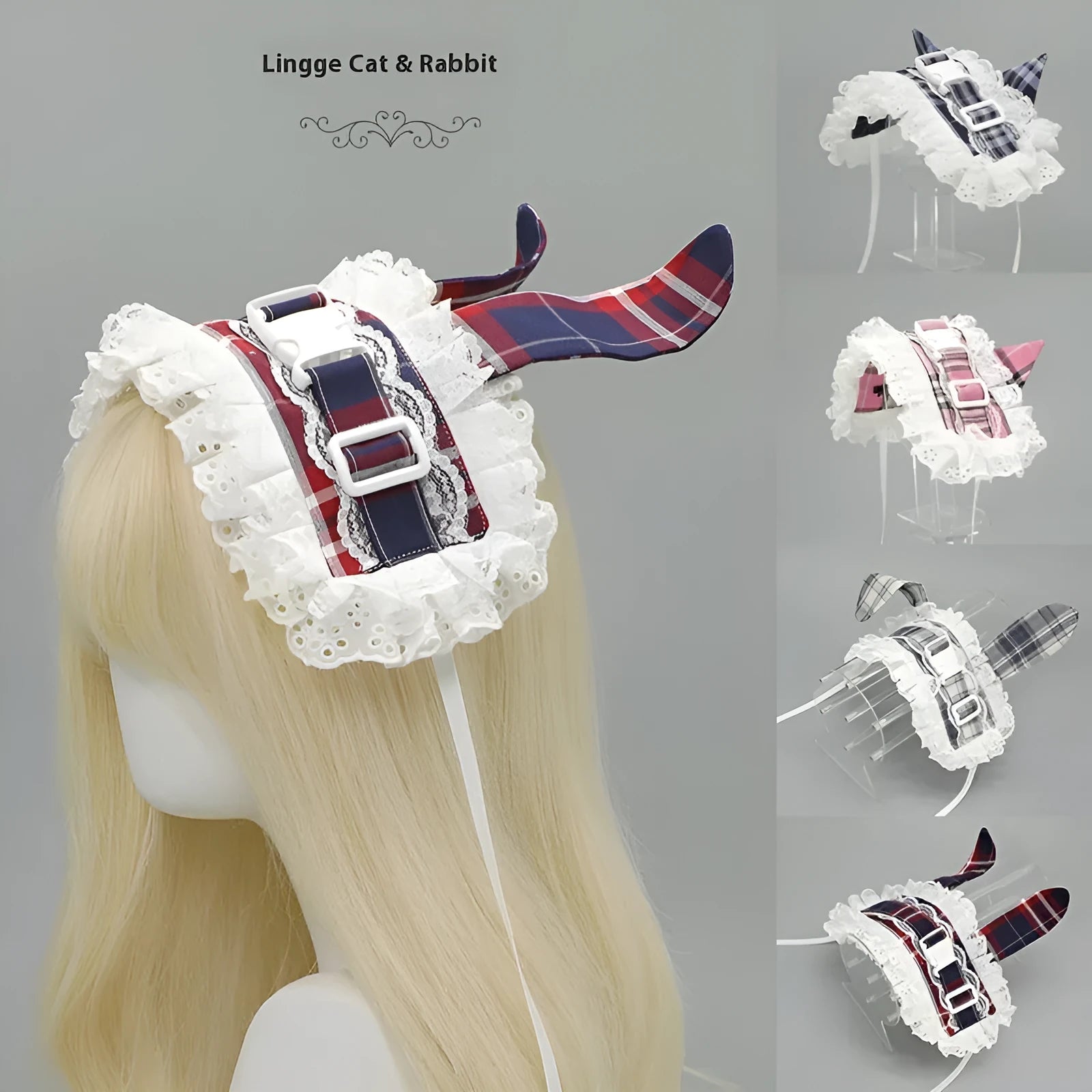 Cloth plaid hair band with release buckle featuring Lingge cat print in gray, medium size