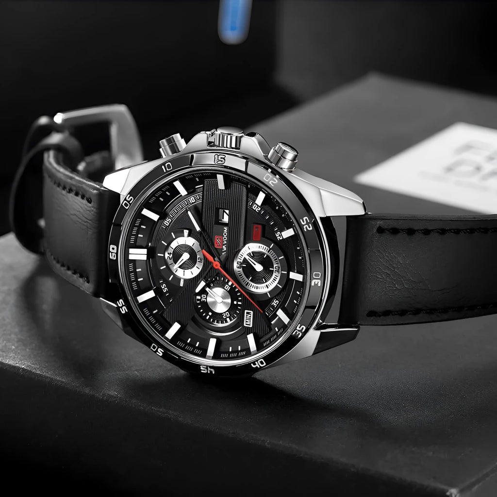 Men's slim black and rose gold casual watch with date window on dial, showing 10mm side profile.