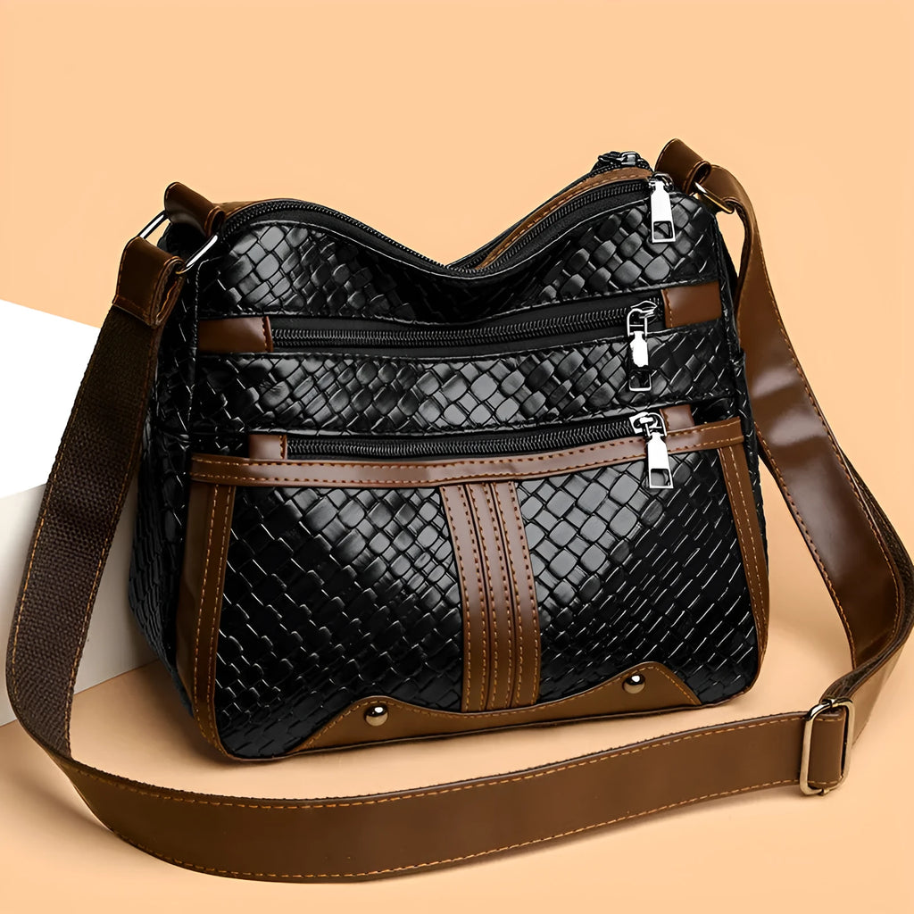 Brown PU leather messenger bag with multiple compartments and horizontal square shape