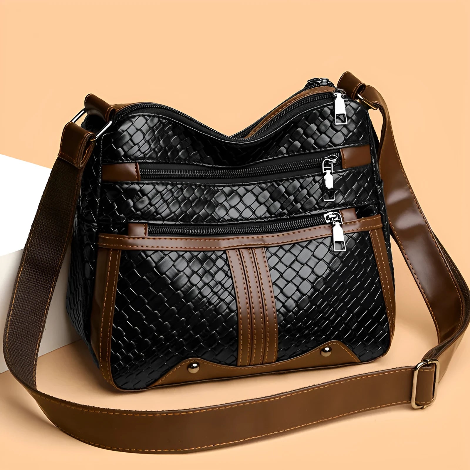 Brown PU leather messenger bag with multiple compartments and horizontal square shape