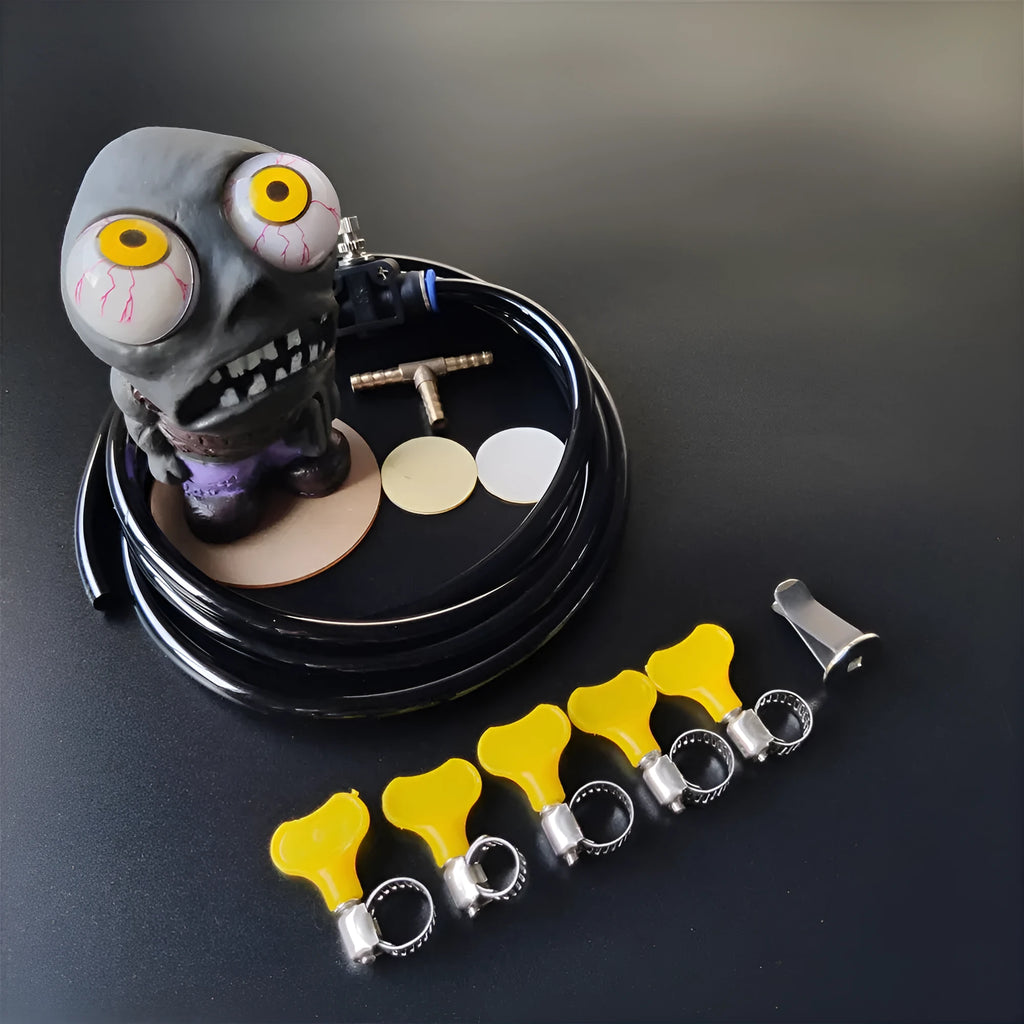 Turbo car blow-off valve sound simulator kit with zombie doll, pressure valve, and copper fittings