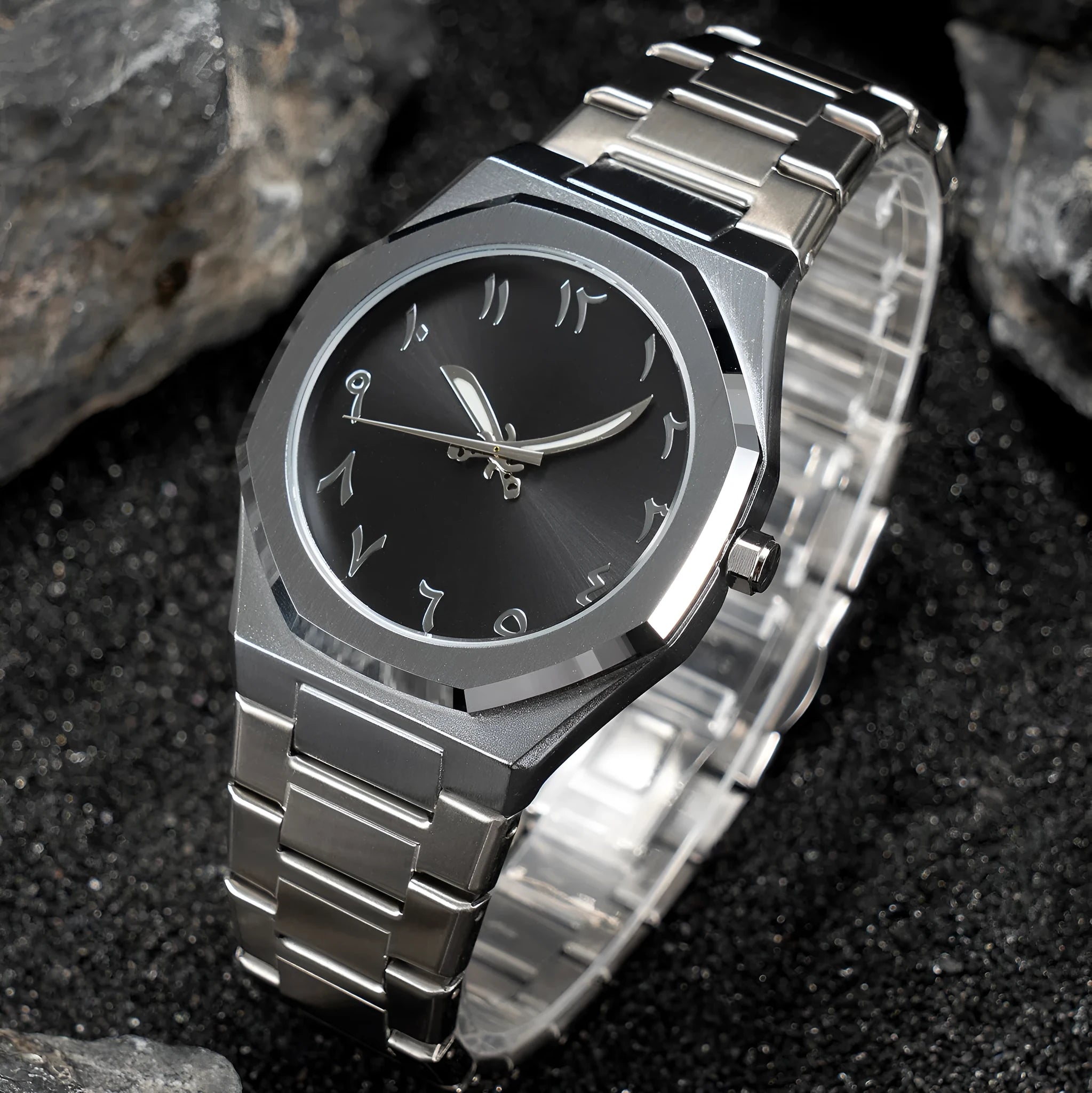 Business casual men's quartz watch with a steel belt on a wrist, showing dial colour options of black, black with silver scale, or silver with black accents.