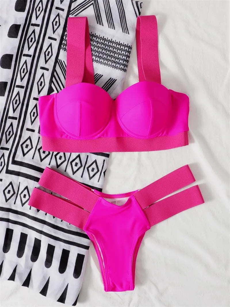 Women's rose red bikini swimsuit with steel bracket push-up board, shown as a two-piece set.