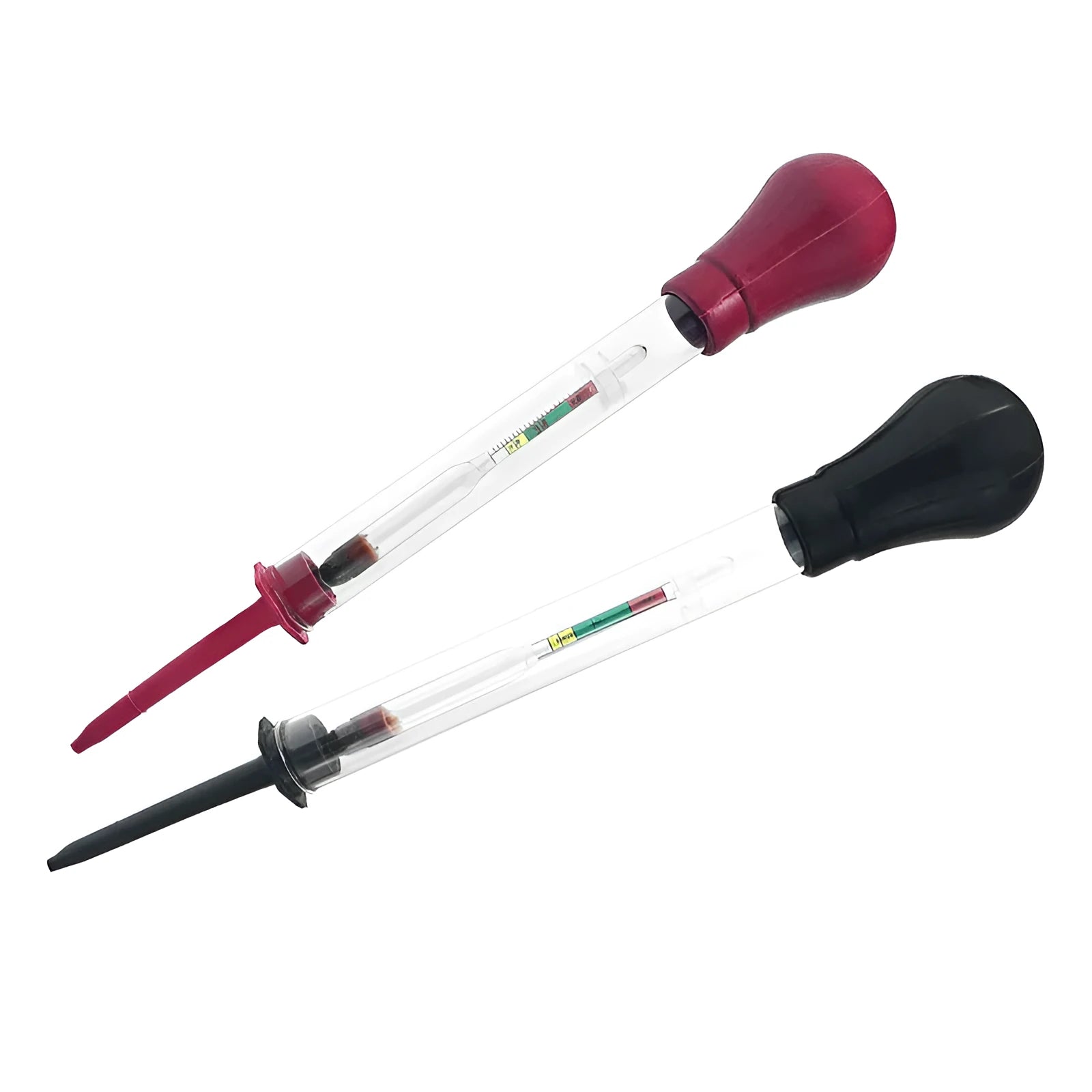 Electrohydraulic hydrometer for automobile battery testing with glass construction and suction bulb
