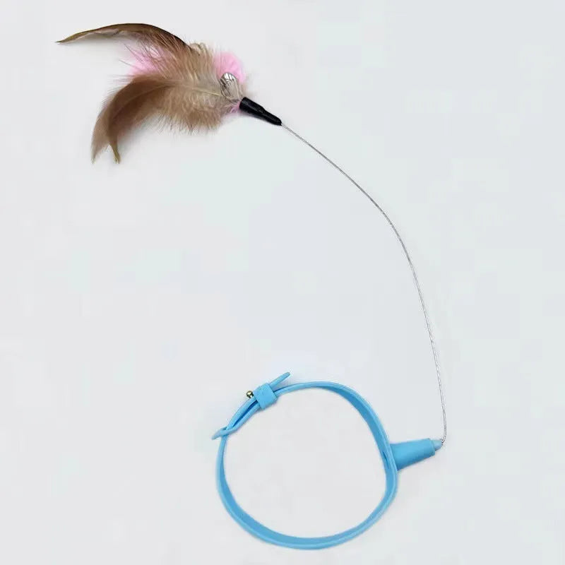 Adjustable cat collar toy with bell, detachable silicone teasing wand, and feather attachment in blue and pink options