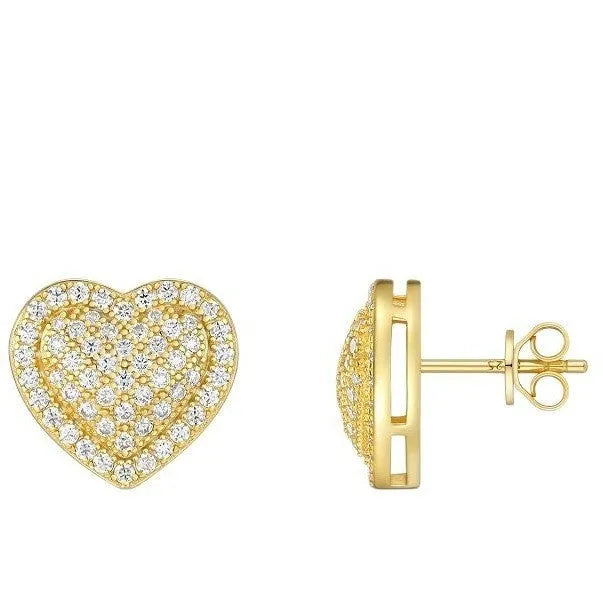 Gold and silver heart-shaped moissanite stud earrings with butterfly clutch fastenings