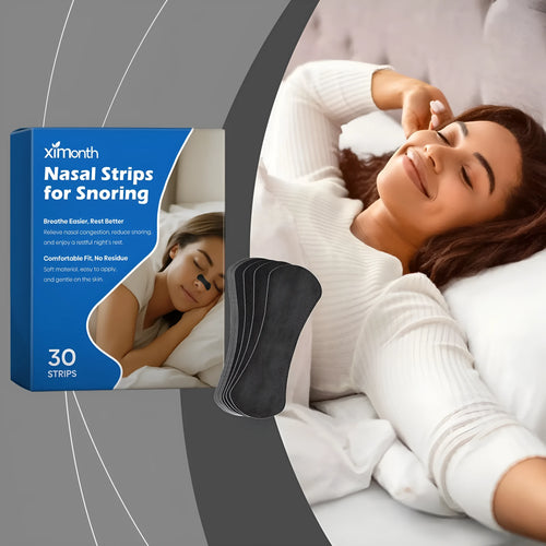Pack of 30 anti-snoring adhesive nose patches on a white background.