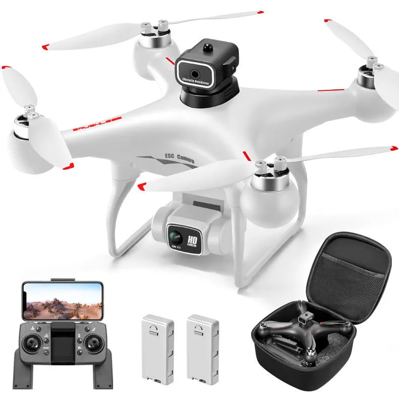 Black HD brushless motor UAV drone with four rotor blades and a camera, remote control next to it.