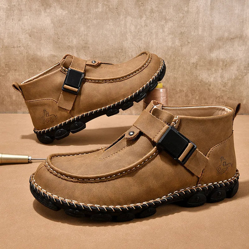 Handmade brown literary retro style slip-on shoes with flat heel and sewing sole construction.