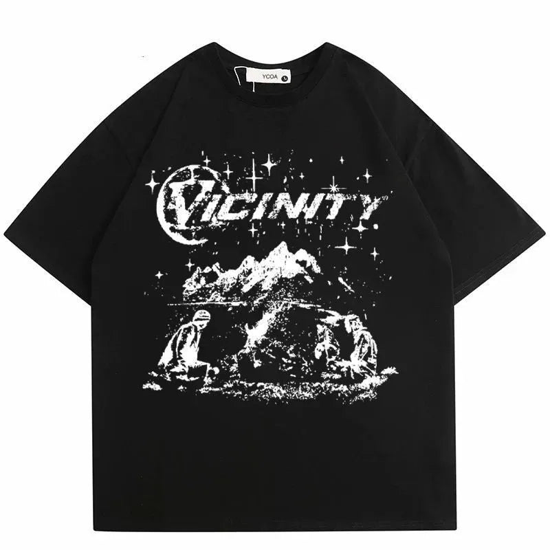 Men's loose black cotton t-shirt with Chinese style artistic retro Y2g printing