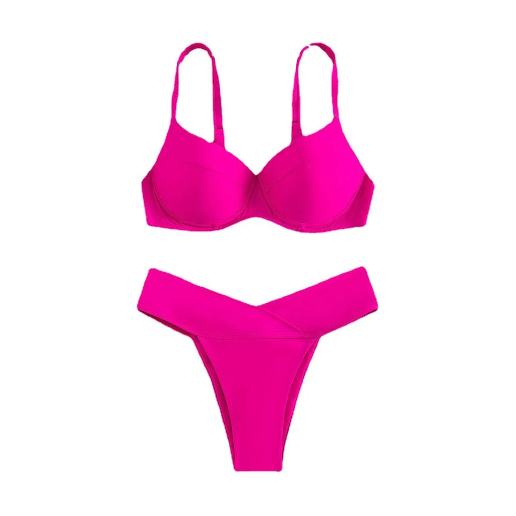 Solid colour bikini swimsuit in nylon fabric shown in fluorescent pink, green, blue, orange, and black colour options.