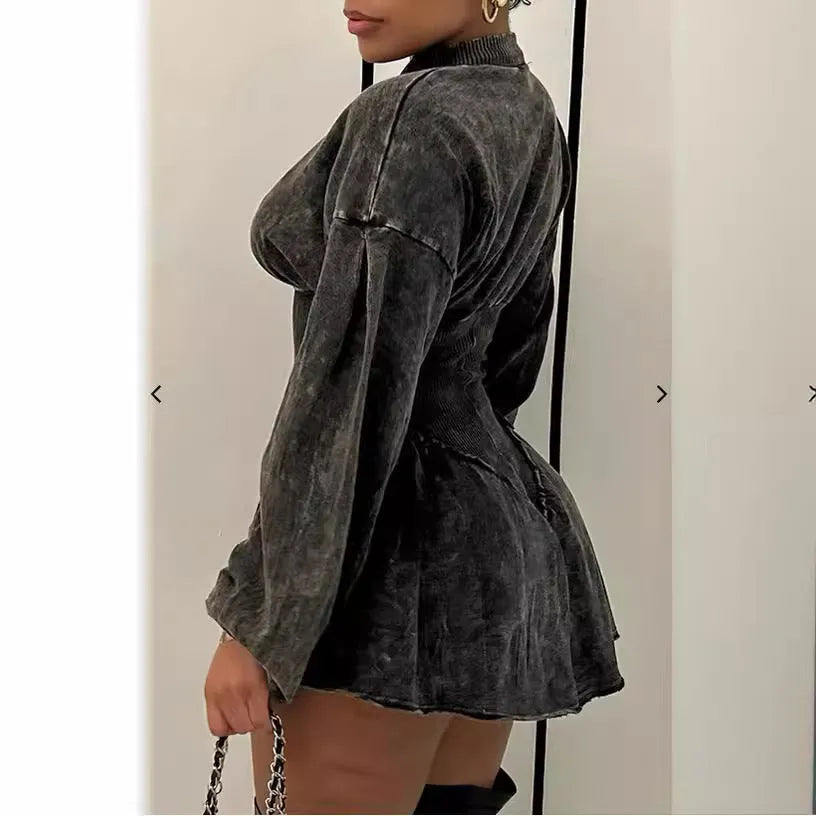 Grey digital print slim-fit women's dress with drawstring waist and long sleeves.