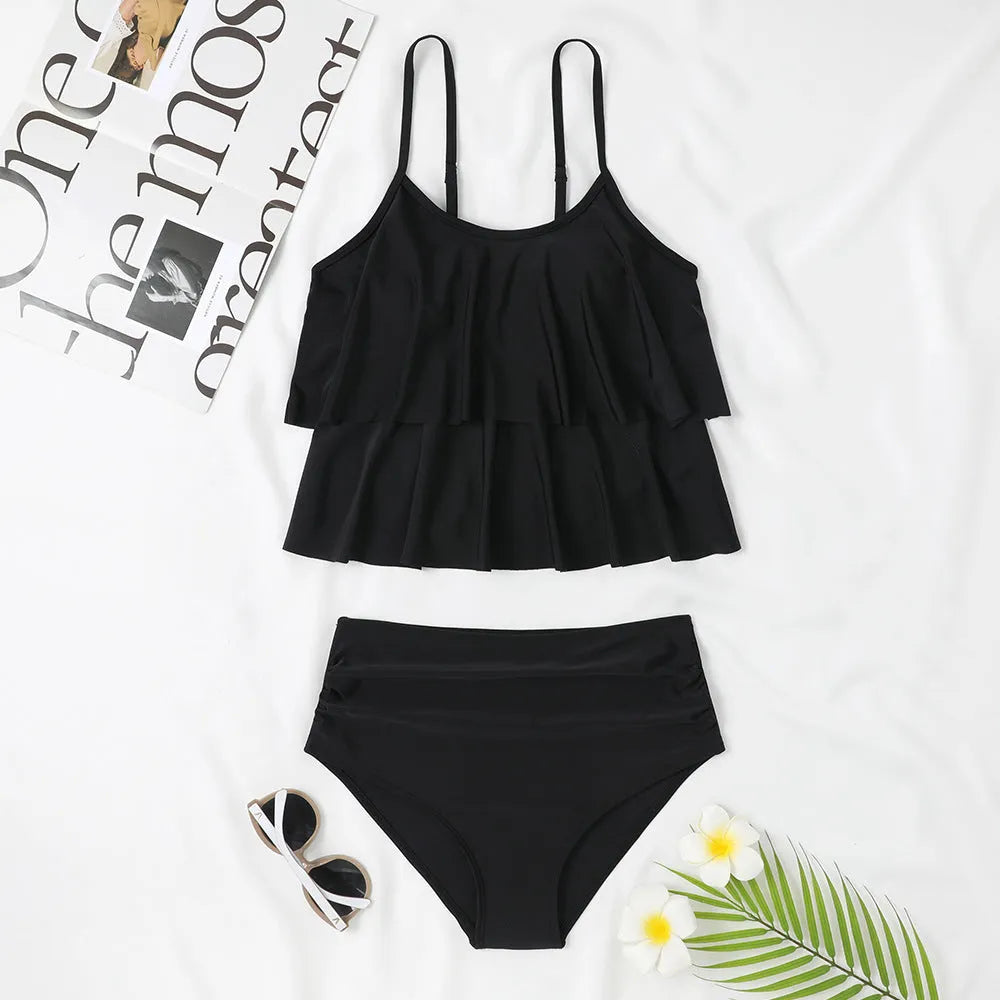 Black and coconut tree print women's high-waist double-layer swimsuit laid flat