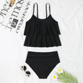Black and coconut tree print women's high-waist double-layer swimsuit laid flat
