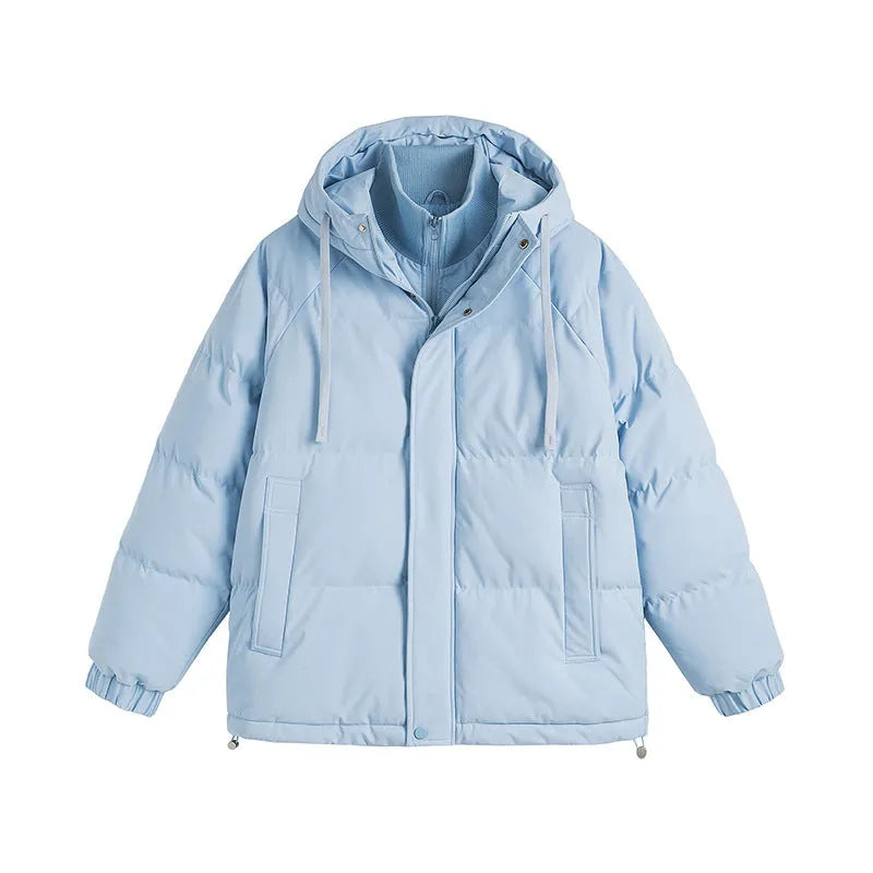 Loose winter cotton-padded coat in cardigan style with side pockets